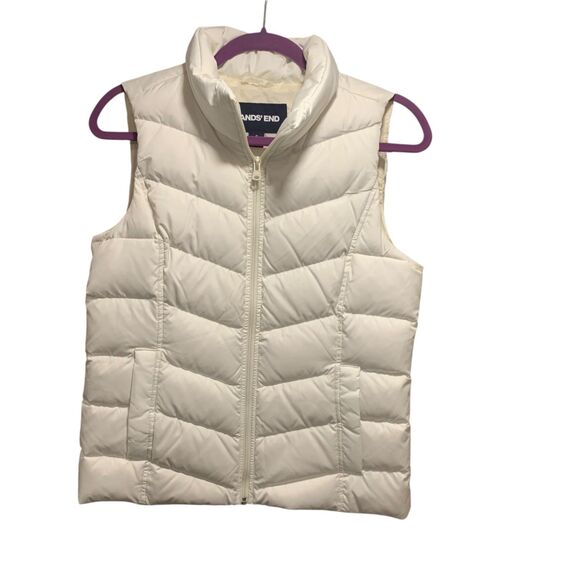 Lands End Womens White Down Puffer Vest S Full Zip Pockets Winter Warm - Picture 1 of 5